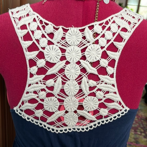 Mudd  lace Back dress  low-cut V front  EUC Midriff style  navy blue/cream Sz XS - Picture 9 of 13